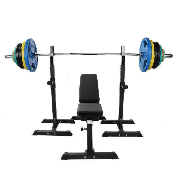 Hantelbank mit Olympia Langhantel Set Gummi Gripper 150 kg