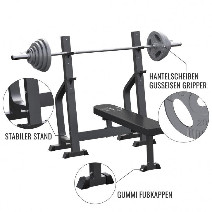 Drückerbank massiv inkl. Olympia Langhantelset Gusseisen Gripper 130 kg