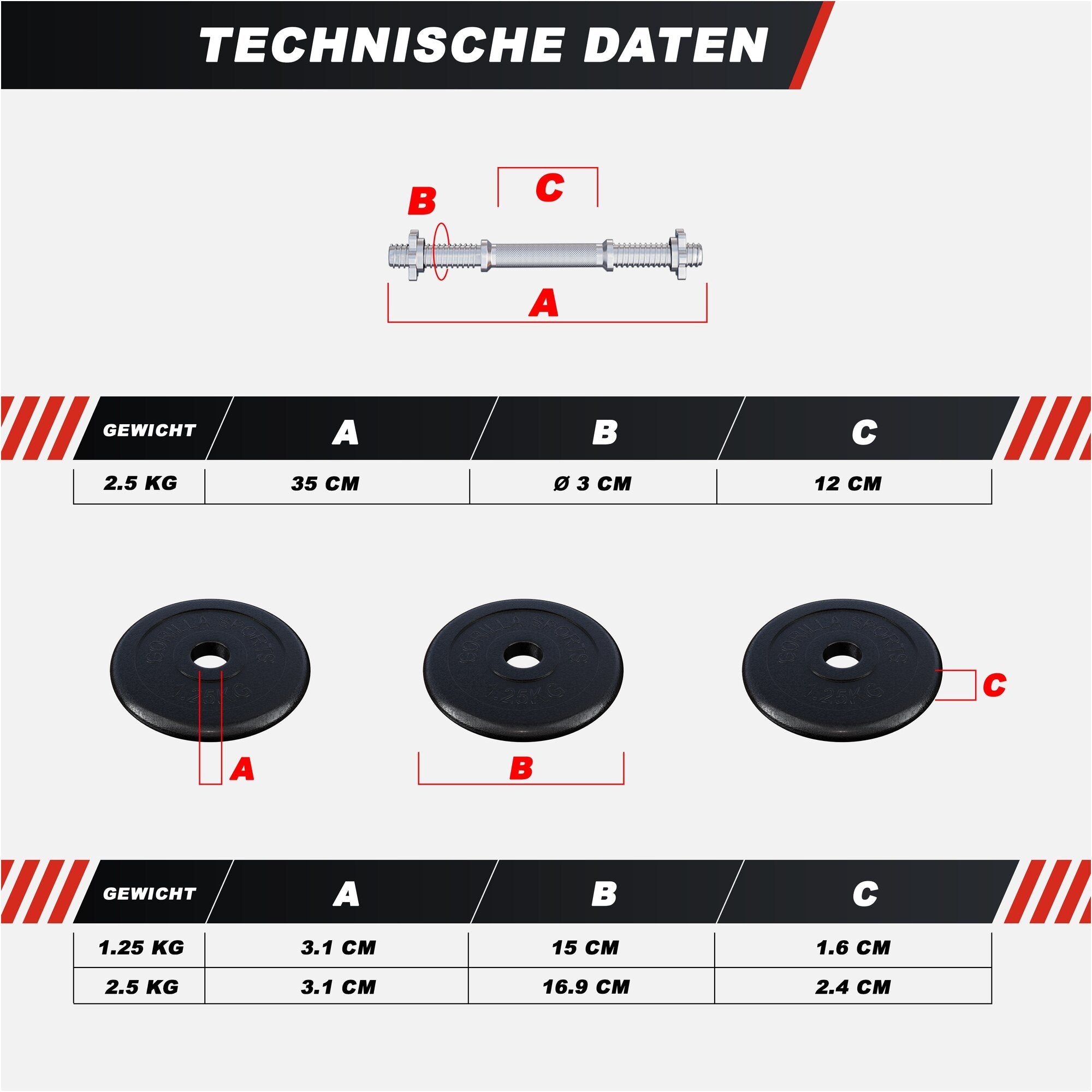 Kurzhantel Set 20 kg Gusseisen mit Koffer