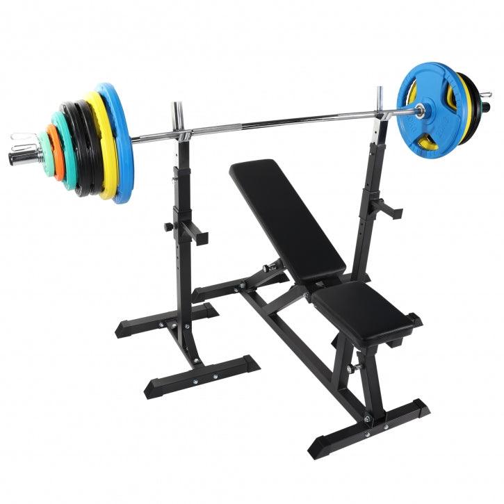 Hantelbank mit Olympia Langhantel Set Gummi Gripper 150 kg