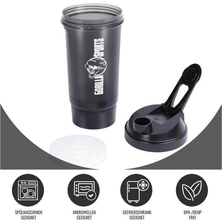 Protein Shaker 500 ml mit Pulverfach schwarz